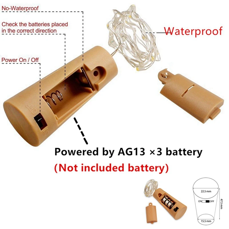 2 м 20 светодиодный светильник в форме пробки, стеклянные винные медные клеммы для проводов батарея для светящейся гирлянды для рождественского свадебного украшения