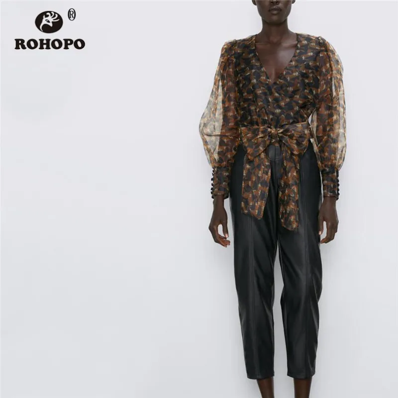 

ROHOPO Puff Sleeve V Collar Bow Hem Autumn Tulle Blouse Houndstooth Printed Semi See Through Organza Fabric Tunic Blusa # 9703
