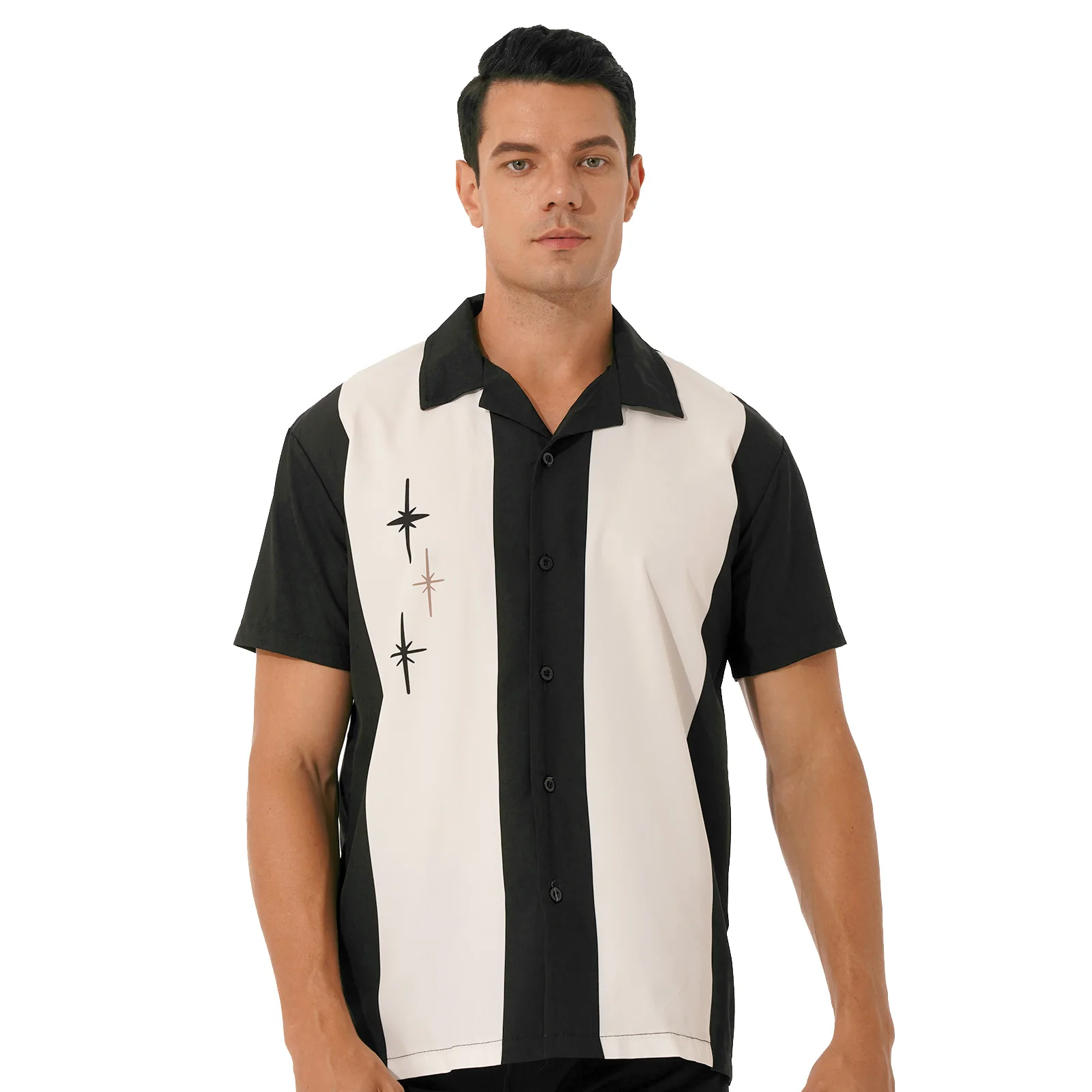 Mens Bowling Shirt Cuban Style Retro Short Sleeve Camp Button-Down Loose Shirt