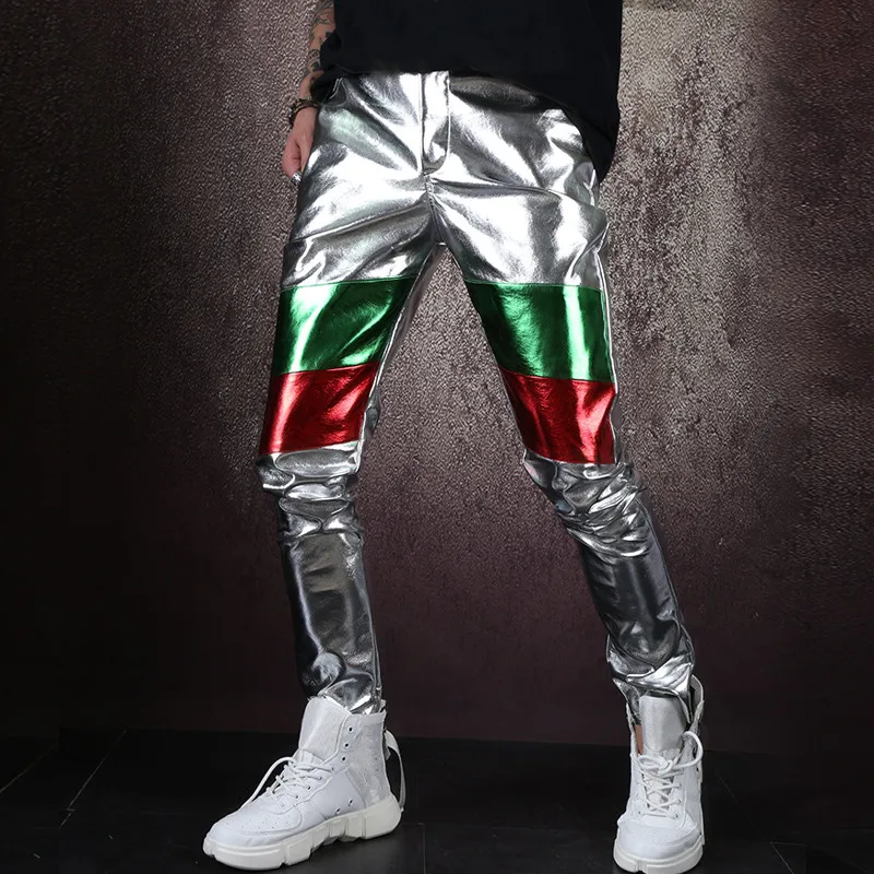 Punk Style Men's Silver PU Leather Pants Casual Pants Nightclub Male Singer Concert Bar Stage Long Pants Hip Hop Dance Costume