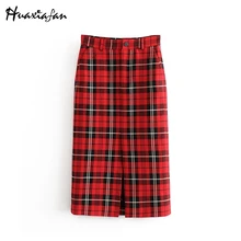 Huaxiafan Женская юбка в красную клетку, женские длинные юбки с разрезом, прямые, высокая талия, Ретро стиль, Faldas Mujer Moda, Офисная Женская одежда