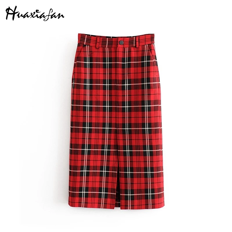 Huaxiafan Women Skirt Red Plaid Women Split Long Skirts Straight High Waist Vintage Stylish Faldas Mujer Moda Office Ladies Wear Huaxiafan Women Skirt Red Plaid Women Split Long Skirts Straight High Waist Vintage Stylish Faldas Mujer Moda Office Ladies Wear