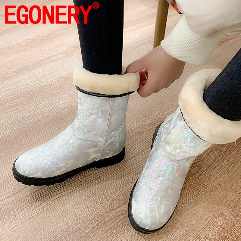 

EGONERY cool woman snow boots winter super warm plush blue silver floral print women's flats shoes drop shipping 33-45 plus size
