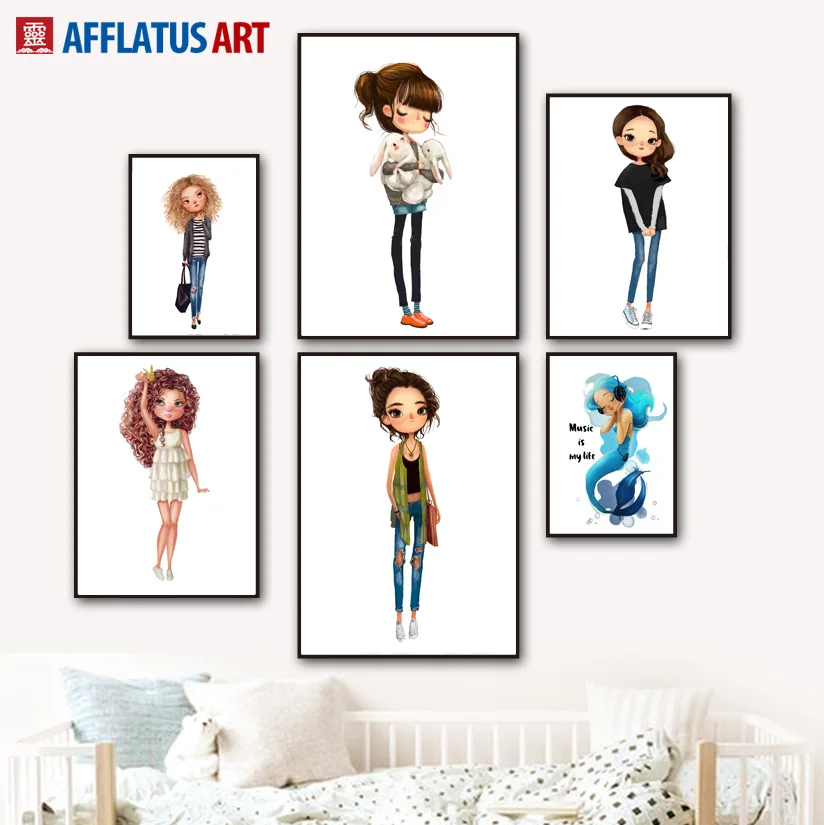 Cute Cartoon Fashion Girl Rabbit Fox Nordic Posters And Prints Wall Art Canvas Painting Nursery Pictures Kids Room Decor | Дом и сад