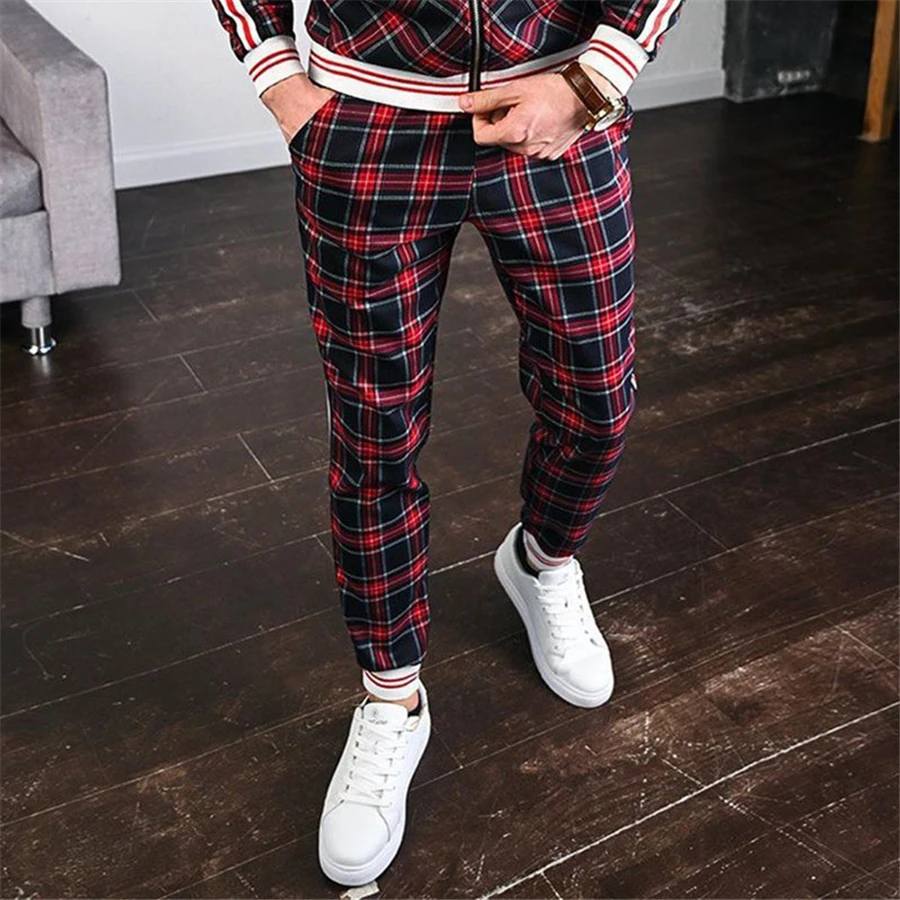 

Men's 3D Print Grid Pants Patchwork Sweatpants Fashion Small Leg Trouser High Quality Slim Classic Sportswear pants