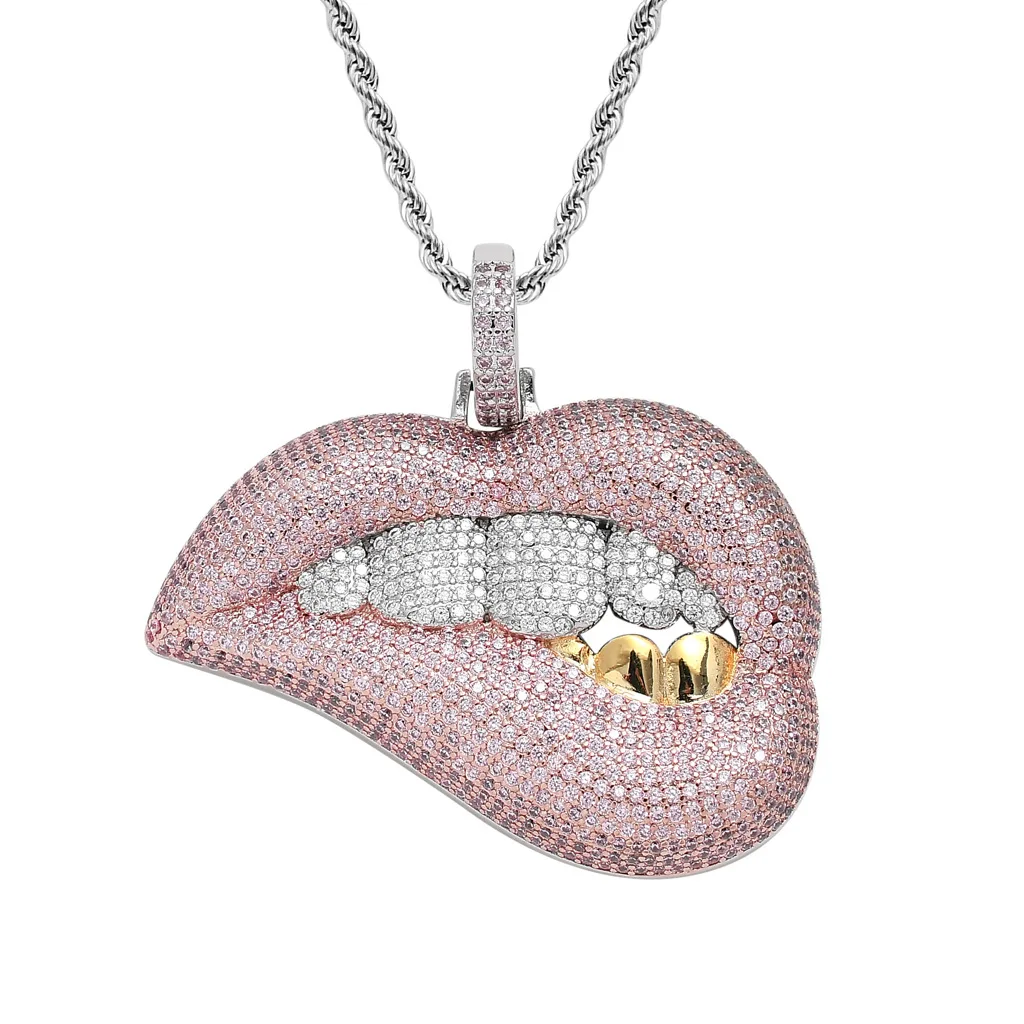 

New Sexy Biting Lip Stainless Steel Pendant Twist Chain with Pink Zircon Necklace Hiphop for Men and Women 3mm x 60cm