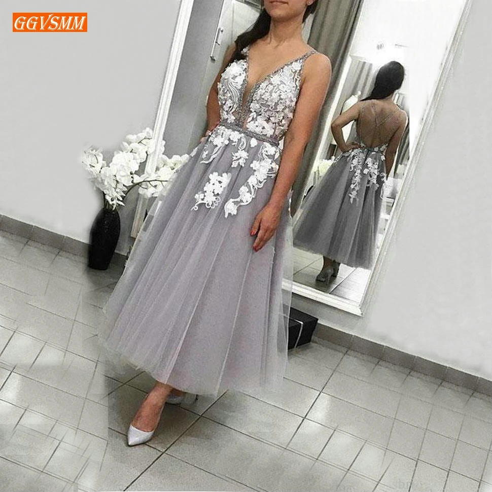 

Graceful Gray Prom Dresses Long 2020 Ivory Lace Applique V Neck Prom Gowns Ankle Length Tulle A Line Women Party Formal Dress