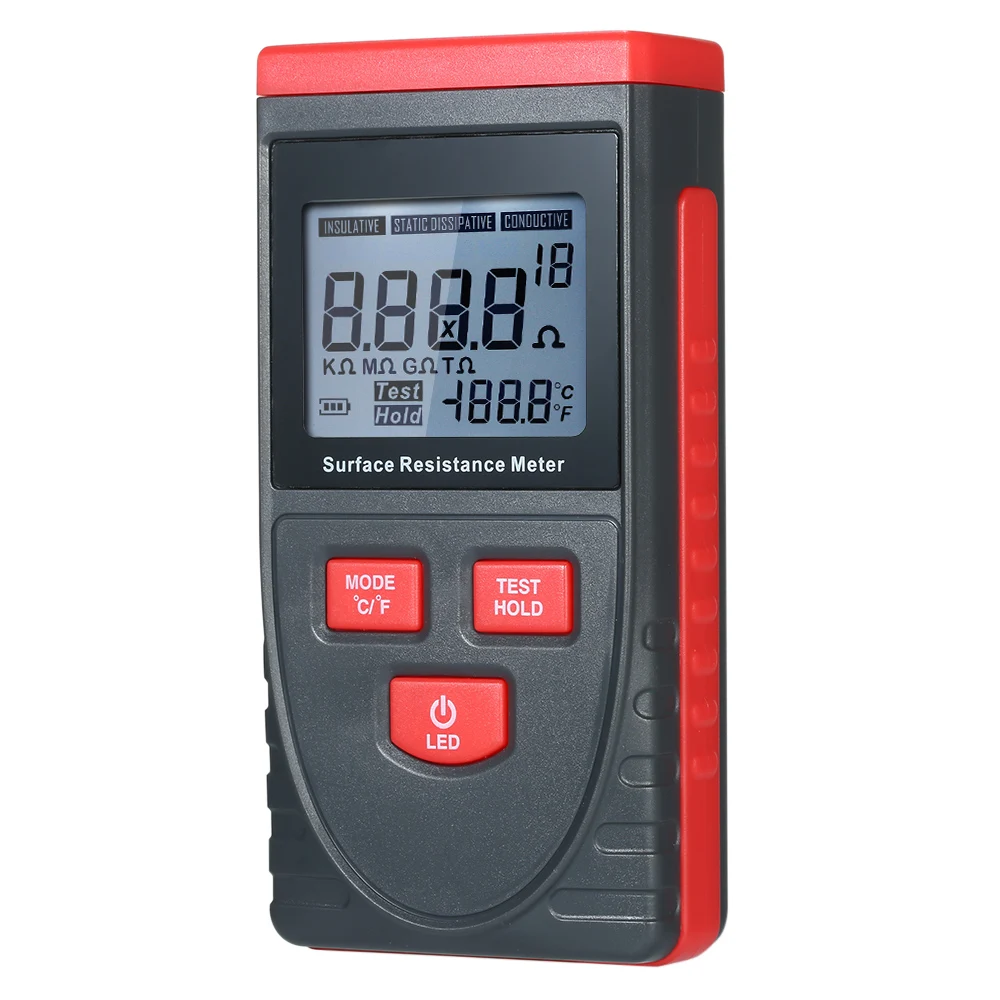 

Handheld Surface Resistance Meter Megger Anti-static Insulation Resistance Tester with LCD display Temperature Measurement