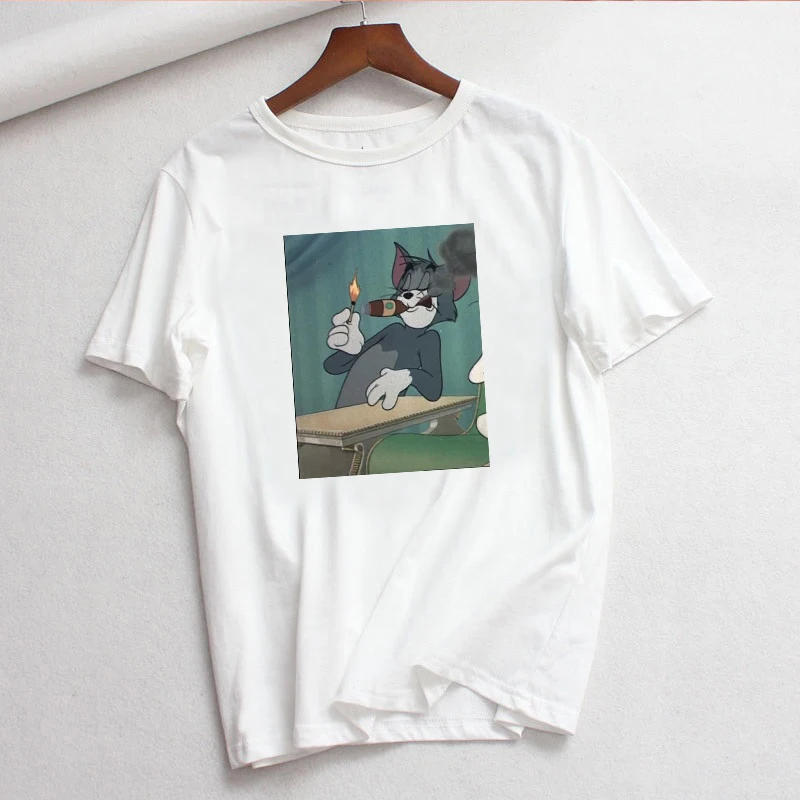 Кошка том мышь Джерри Летняя Повседневная мультяшная забавная винтажная женская футболка с коротким рукавом Свободные Большие размеры пара Harajuku футболка - Цвет: 2