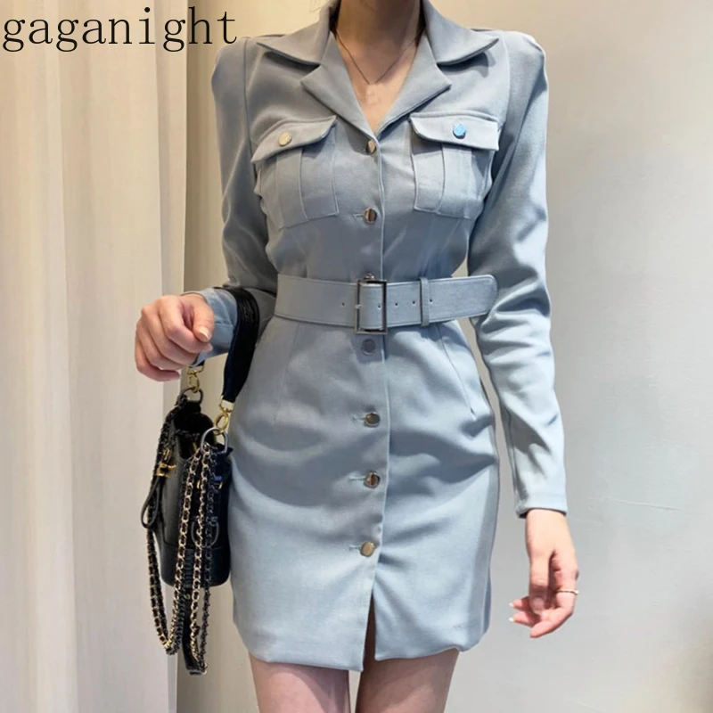 

Gaganight Turn Down Collar Long Sleeve Single Breast Design Dress High Waist Hip with Belt Straight Vestido Korean Slim Ropa