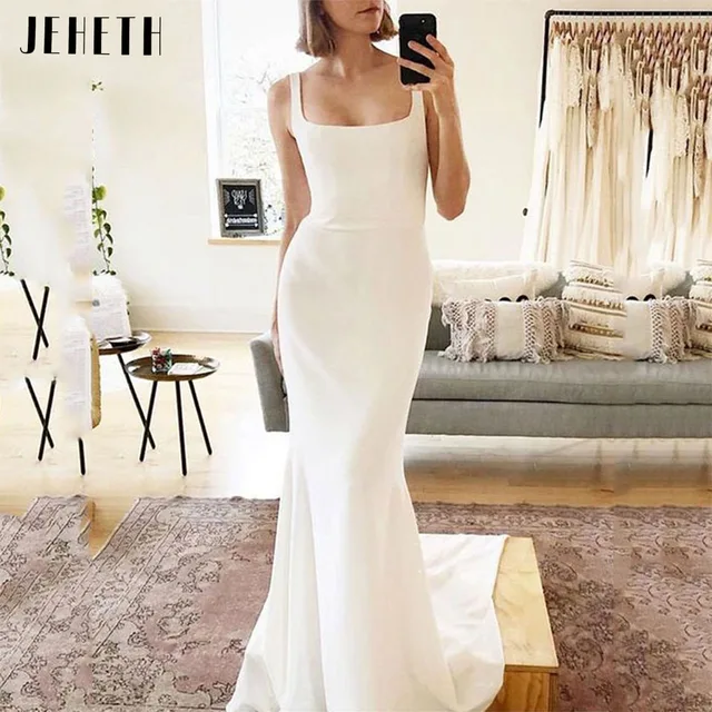 Jeheth spaghetti strap mermaid wedding dresses women square neck backless simple bridal gowns soft stain robe