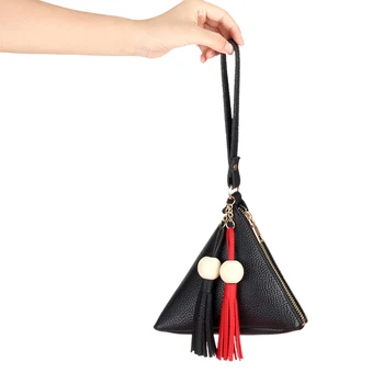 

Women PU Leather Wallets Triangle Change Purse Tassel Wood Ball Zipper Purse with Wrist Strap Mini Lichee Pattern Wallet