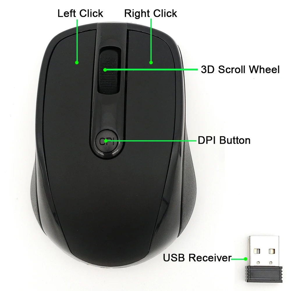 USB Wireless Mouse 2000DPI Adjustable Receiver Optical Computer 2.4GHz Ergonomic for Laptop PC
