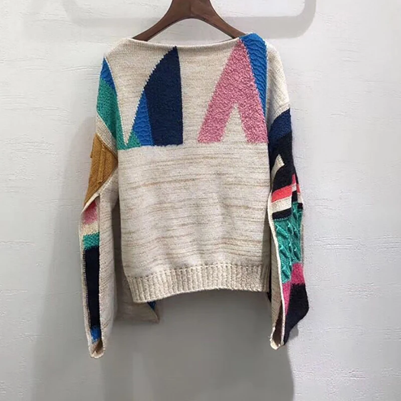 

Color stitching sweater round neck long sleeve loose knit pullover 2019 autumn and winter mohair fashion elegant sweater