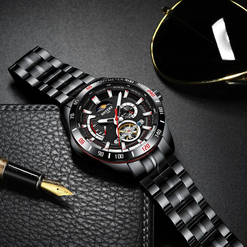 

BOYZHE tourbillon watch men 2019 new automatic mechanical watch male waterproof watches fashion hollow clock moon phase luminous