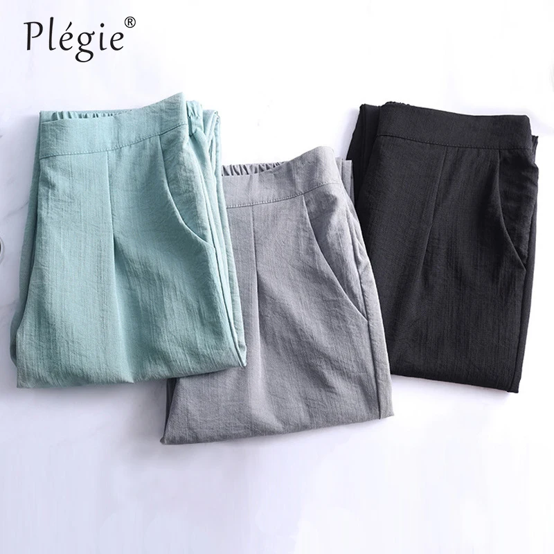 2020 Pantaloni Estivi Donna Ghiaccio Seta Cotone Lino Lunghezza Caviglia Elastico A Vita Alta Pantaloni Sottili Pantaloni Alta Qualità Per Donna