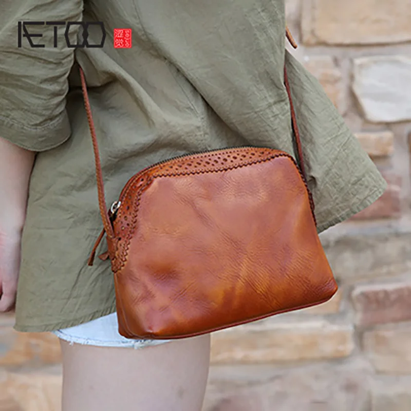 

BJYL Handmade women's bag, leather vintage mini shell bag, leather art one-shoulder slant edith bag