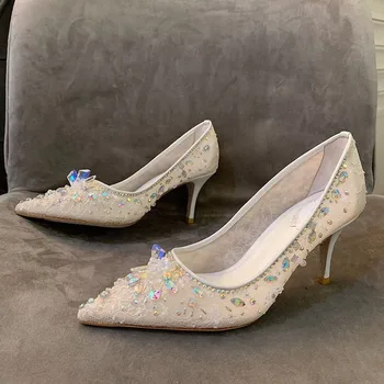 

High Heels Point Toe Party Pumps Fashion Brand Design Women Shoes Elegant Rhinestone Lace Pumps