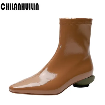 

classic woman ankle boots pointed toe elastic patent leather boots for women round high heel shoes woman female socks boots 2020