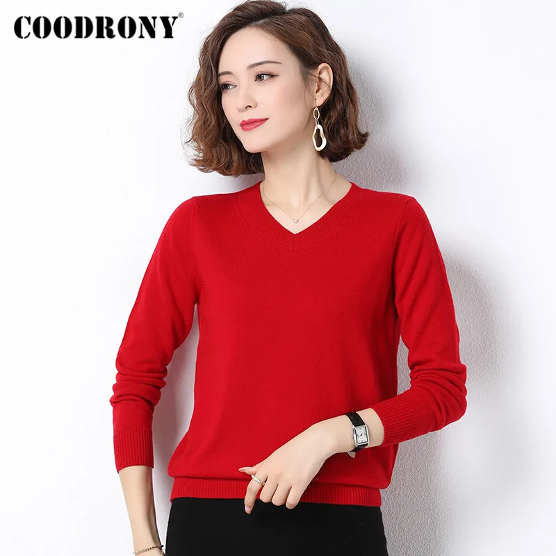 COODRONY Women Casual Pure Merino Wool Sweaters V-Neck Soft Cashmere Knitted Pullover Jumpers Female W1009