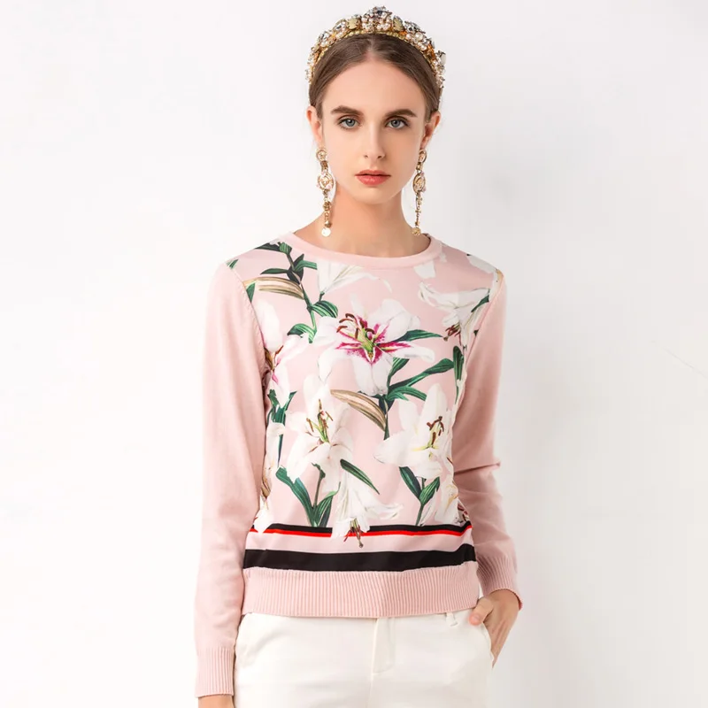 

VERDEJULIAY Sweety Knitted Sweater Women 2020 Fashion New High Quality Flower Print Elegant Sweater