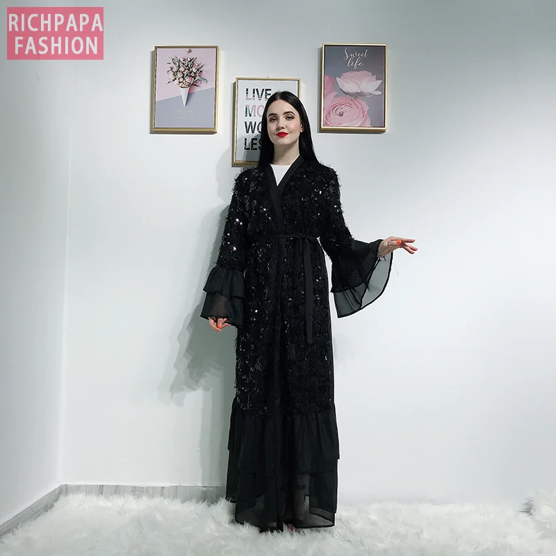 Кимоно с бахромой из блесток Абая Дубай Кафтан Ислам Мусульманский хиджаб платье Абая для женщин Кафтан турецкие платья ислам ic одежда халат