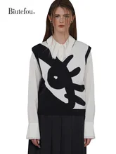 

【Biutefou】Original Design 2022 Winter Women Modern Art Illustration V Neck Sleeveless Sweater