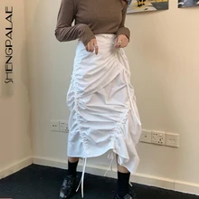SHENGPALAE, шикарная, высокая талия, тонкая, одноцветная, со складками, Халаза, дизайн, белая, нерегулярная, половина тела, юбка для женщин, корейский стиль, волна 5D192