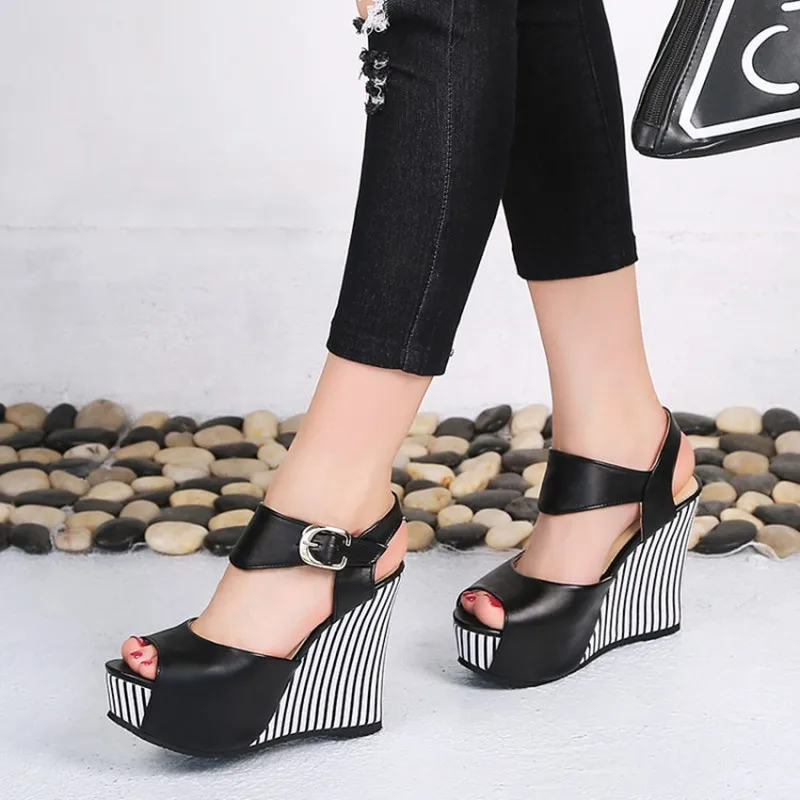 Womens Ladies Black Wedge Platforms Sandals High Heels Party Summer Shoes Size 