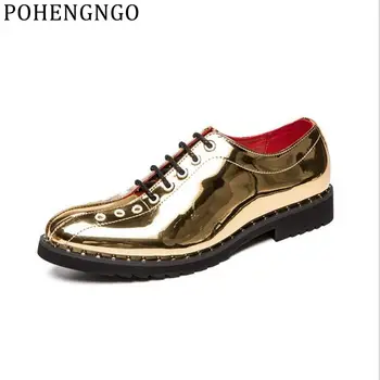 

New Fashion Casual Men Formal Dress Wedding Shoes Gold patent Leather Lace-up Italy Men Nightclub Ballroom Party Social Shoes