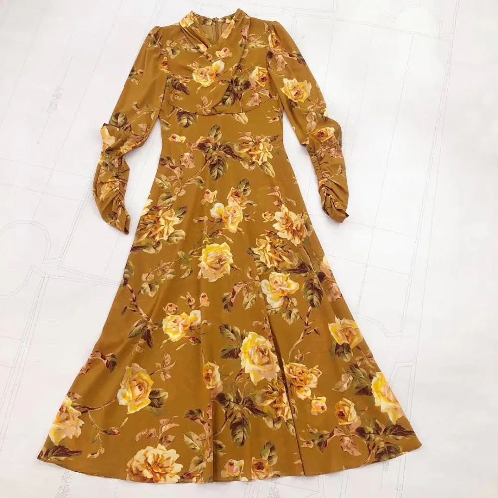 Women's Vintage Court Wind Cross-Neck Silk Print Waist Waist Thin Long Sleeve Dress