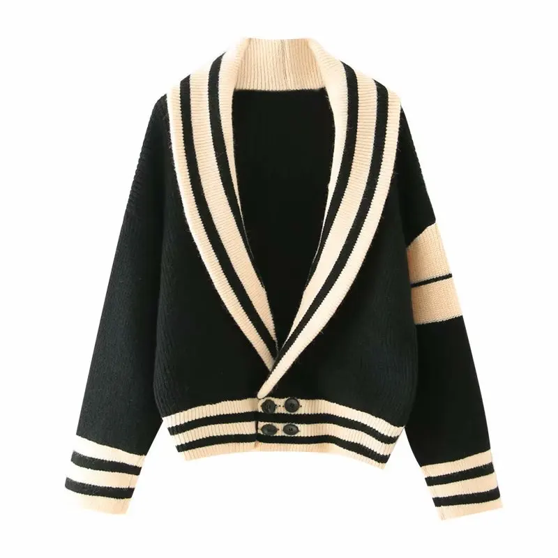 Women Winter Plus Size Knitting Cardigans Big V Neck Long Sleeve Striped Loose Jumpers Patchwork Open Stitch Cardigan |
