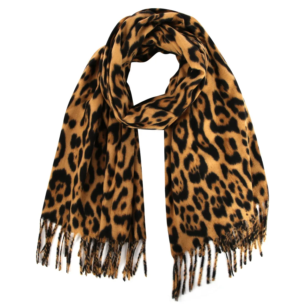 Зимний коричневый Леопардовый женский зимний шарф-одеяло, теплый мягкий кашемировый плотный длинный женский шарф с кисточками