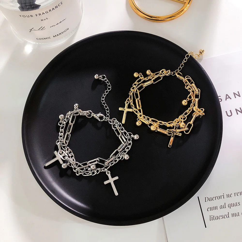 Crucifix Jesus Christian Horizontal Sideways Cross Multilayer Bracelets For Women Gold Silver Color Bridesmaids Gift Temperament |