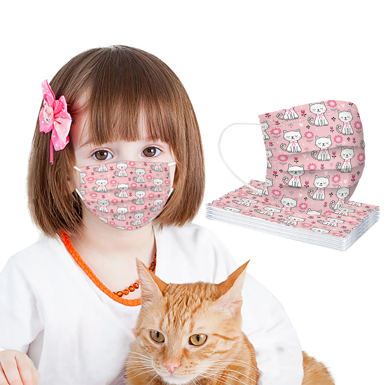 10pcs Disposable Children's Mask Cartoon Cat Kawaii Cute Pattern Print Mouth Mask For Kids Girl 3 Layer Disposable Mask Children