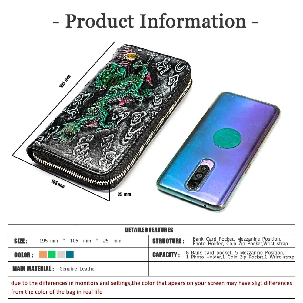 Men's Dragon Genuine Leather Wallet 3D Crocodile Tiger Cowhide Long Wallet with Phone Pocket Fashion Vintage Zipper Long Purse