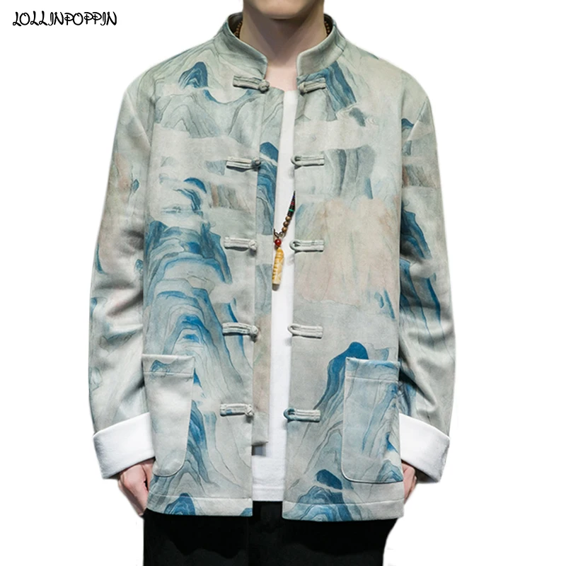 

Men Printed Faux Suede Tunic Jacket Stand Collar Frog Closures Single Breasted 2021 New Chinese Style Casual Mens Tang Jacket