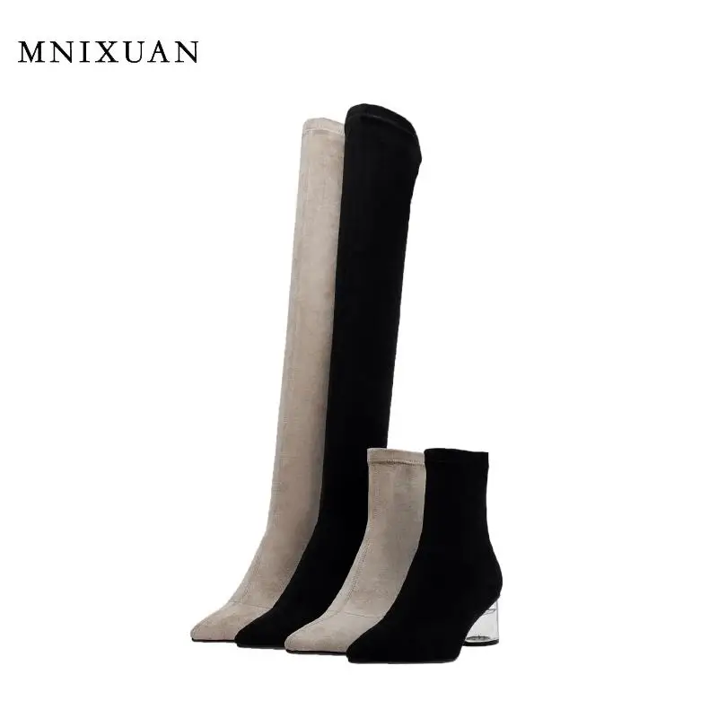 MNIXUAN; модные носки; женские ботфорты; Новинка года; замшевые высокие сапоги с острым носком на прозрачном каблуке со стразами; Большой размер 42