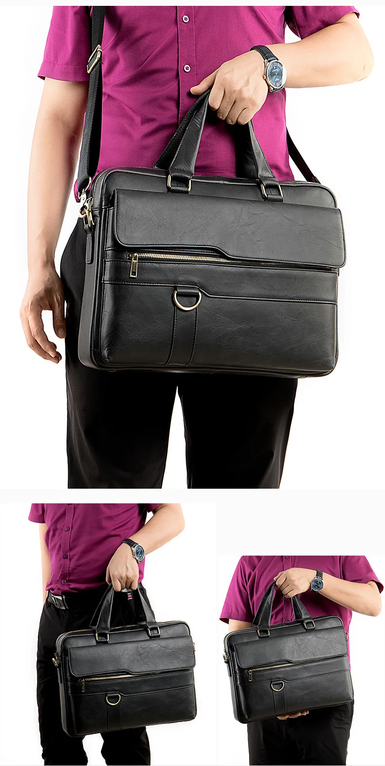 Men's Briefcase Genuine Leather Business Handbag Laptop Casual Large Shoulder Bag Vintage Messenger Bags Luxury Bolsas