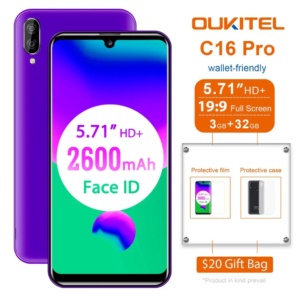 OUKITEL 4G LTE мобильный телефон C16 Pro 5,71 дюймов Android 9,0 19:9 мобильный телефон с каплями воды MT6761P Quad 3 Гб ram 32 Гб rom смартфон