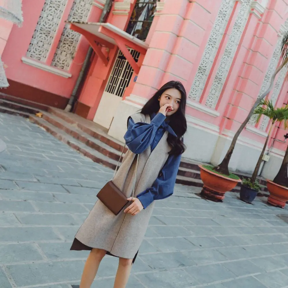 

Autumn New Style Korean-style WOMEN'S Wear Bow Shirt Mid-length V-neck Vest Dress Two-Piece Set Dress