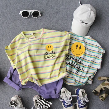 

90-130cm height new 2020 summer boys striped smile face short sleeve t shirt boys fashion style summer t shirt