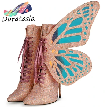 

DORATASIA Women Sexy Dress Cosplay Shoes Designer Boots Women Pointed Toe High Heels shoes lace Bling Winter Boots