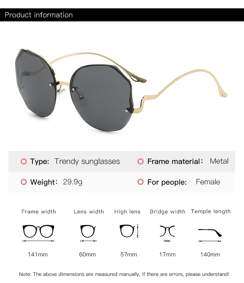 Irregular Round Sunglasses Women Brand Designer Gradient Fashion Sun Glasses Female Rimless Metal Curved Temples Oculos De Sol big cat eye sunglasses