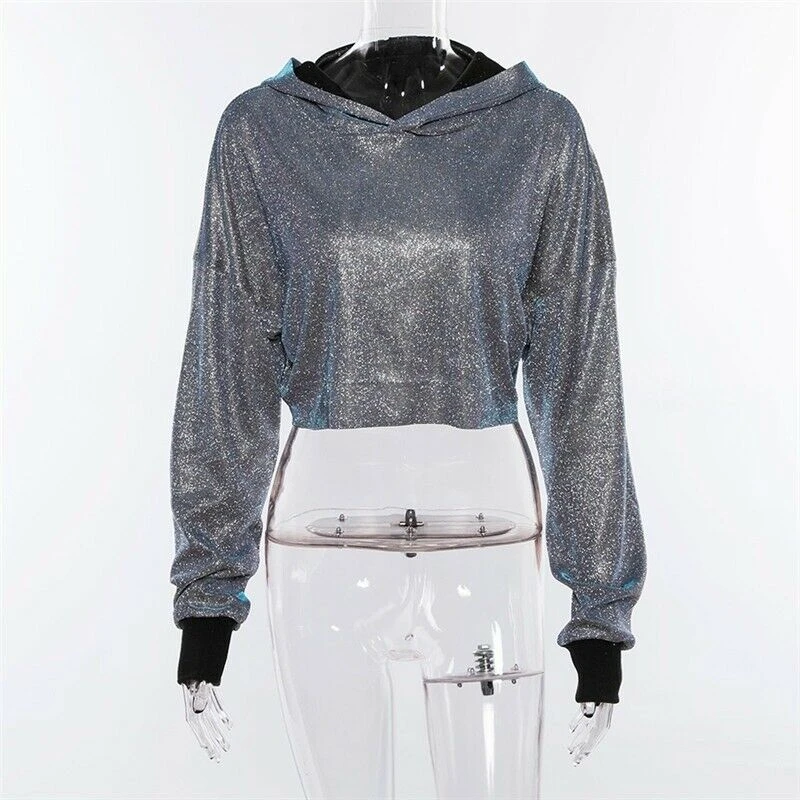 con capucha holgada para mujer, Jersey corto, brillante, Punk, Rock|Sudaderas con capucha y sudaderas| - AliExpress