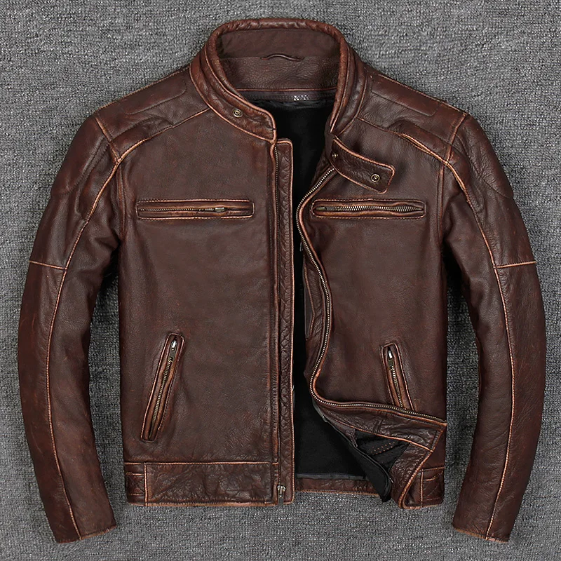 

Pure Head Layer Cowhide Lear Jacket Collar Short Style Restoring Ancient Ways Do Old May troupe, locomotive, Genuine Lear