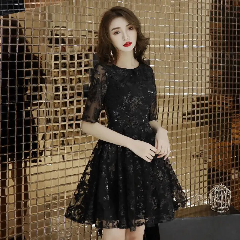 Черное короткое платье для вечеринки Cheongsam сексуальное тонкое платье свадебное платье с круглым вырезом Короткое свадебное платье Qipao модная женская одежда Vestido XS-3XL - Цвет: Черный
