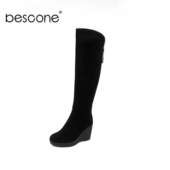 

BESCONE Winter Boots Women Handmade Zipper 8 cm High Heel Shoes New Basic Warm Round Toe Square Heel Lady Knee-High Boots BC435