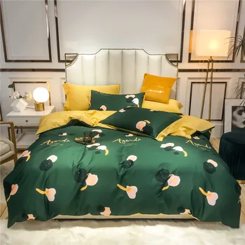 

4pcs Cotton bright green and yellow bedroom decoration for girls kids double bedsheets queen size bedding duvet cover set king
