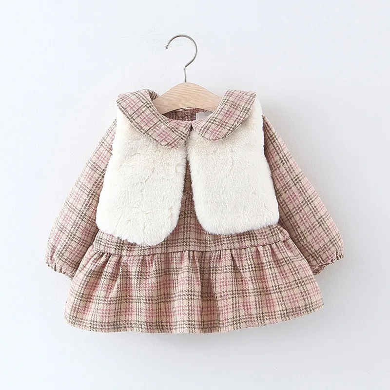 Beige Sodawn/ г. Осенне-зимняя одежда для маленьких девочек вельветовое платье с длинными рукавами и цветочным рисунком Модный меховой жилет 2 шт., одежда для детей - Цвет: Beige
